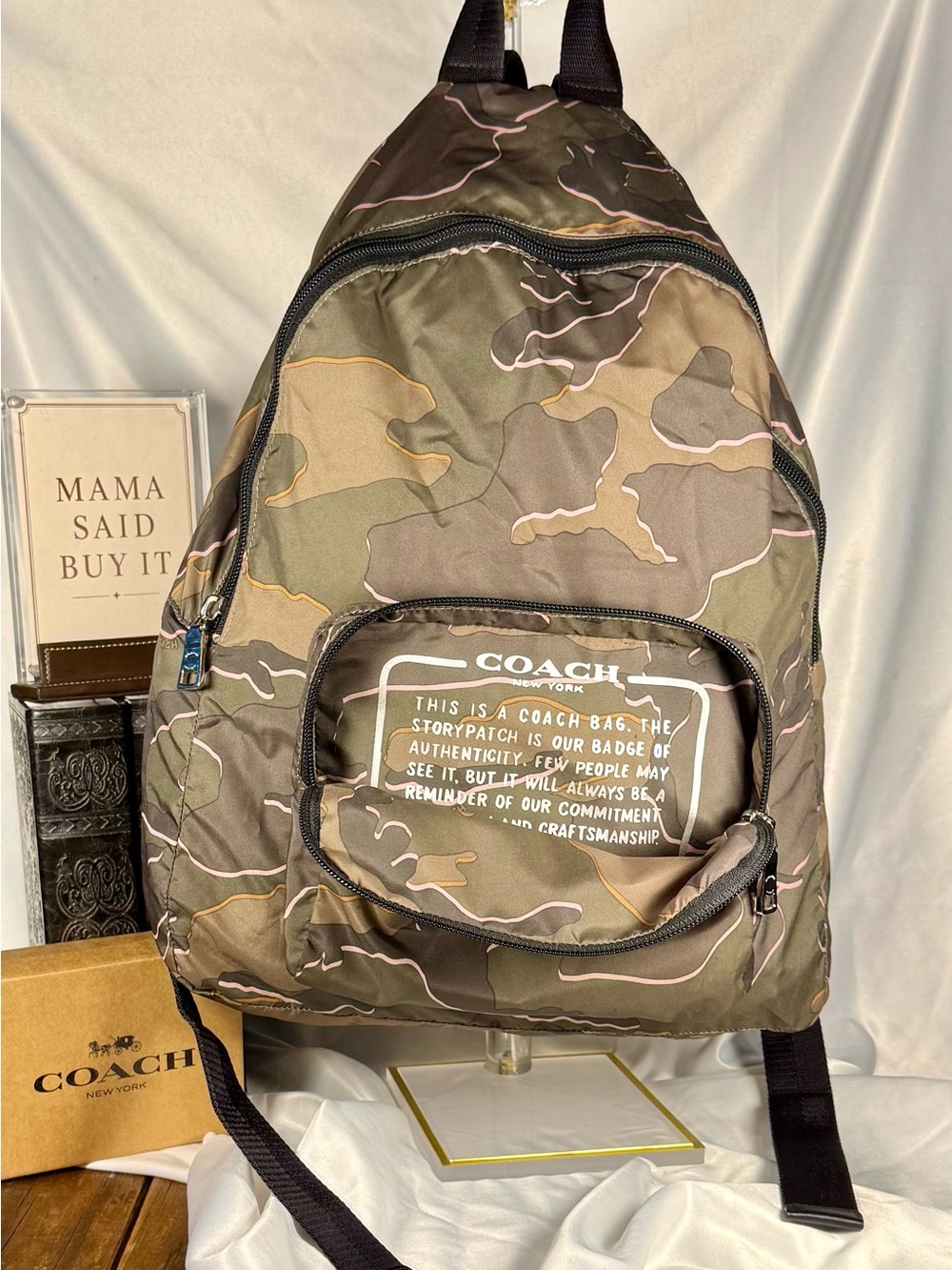 RARE Coach F31450 Wild Camo Packable Folding Nylon Backpack Green Pink